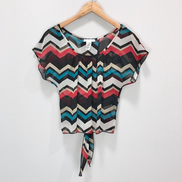 A'gaci Teal Zig Zag Chevron Chiffon Tie Back Top - Picture 2 of 14